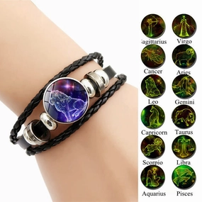 Wholesale Twelve Constellation Time Stone Glow in the Dark Handwoven Beaded Leather Bracelet