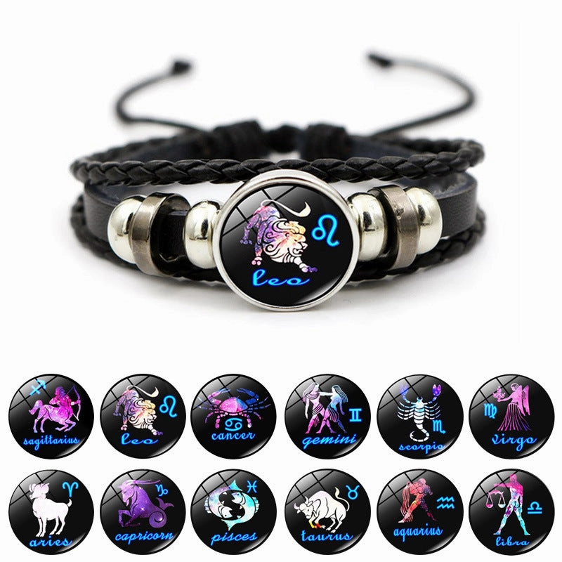 Wholesale Twelve Horoscope Time Stone Leather Woven Beaded Bracelet