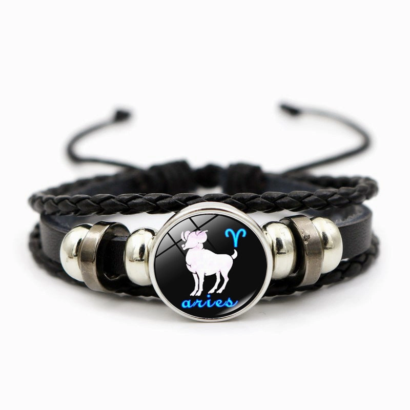 Wholesale Twelve Horoscope Time Stone Leather Woven Beaded Bracelet