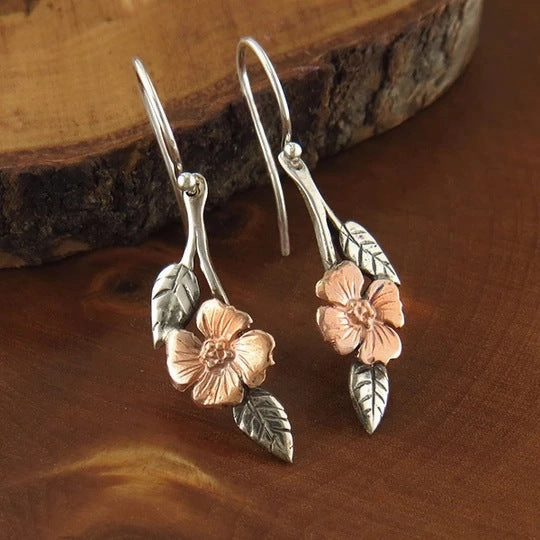 Wholesale Two-tone Rose Gold Flower Leaf Alloy Earrings