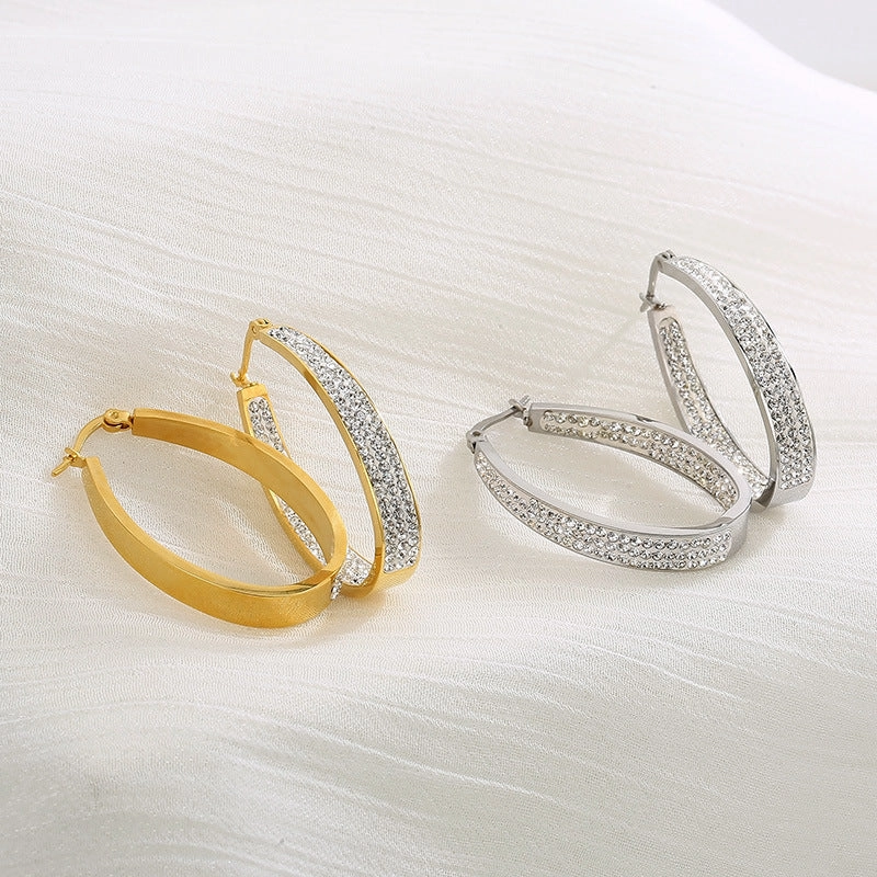 Wholesale U Shape Full Diamond Oval Gold Plated Earrings