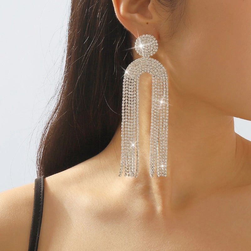 Wholesale U-shaped Full Diamond Tassel Earrings