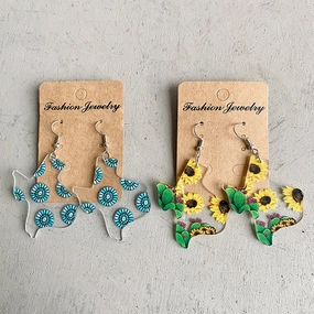 Wholesale USA Texas Map Sunflower Cactus Print Western Style Acrylic Earrings