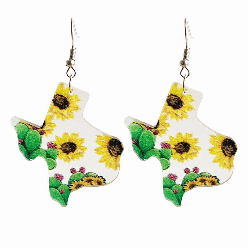 Wholesale USA Texas Map Sunflower Cactus Print Western Style Acrylic Earrings