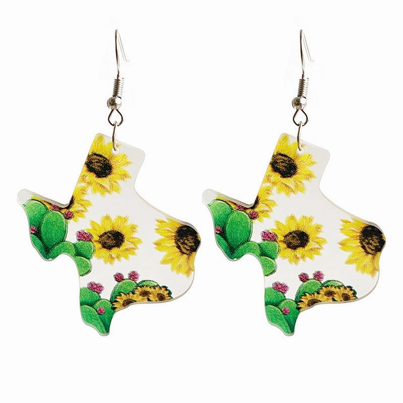 Wholesale USA Texas Map Sunflower Cactus Print Western Style Acrylic Earrings