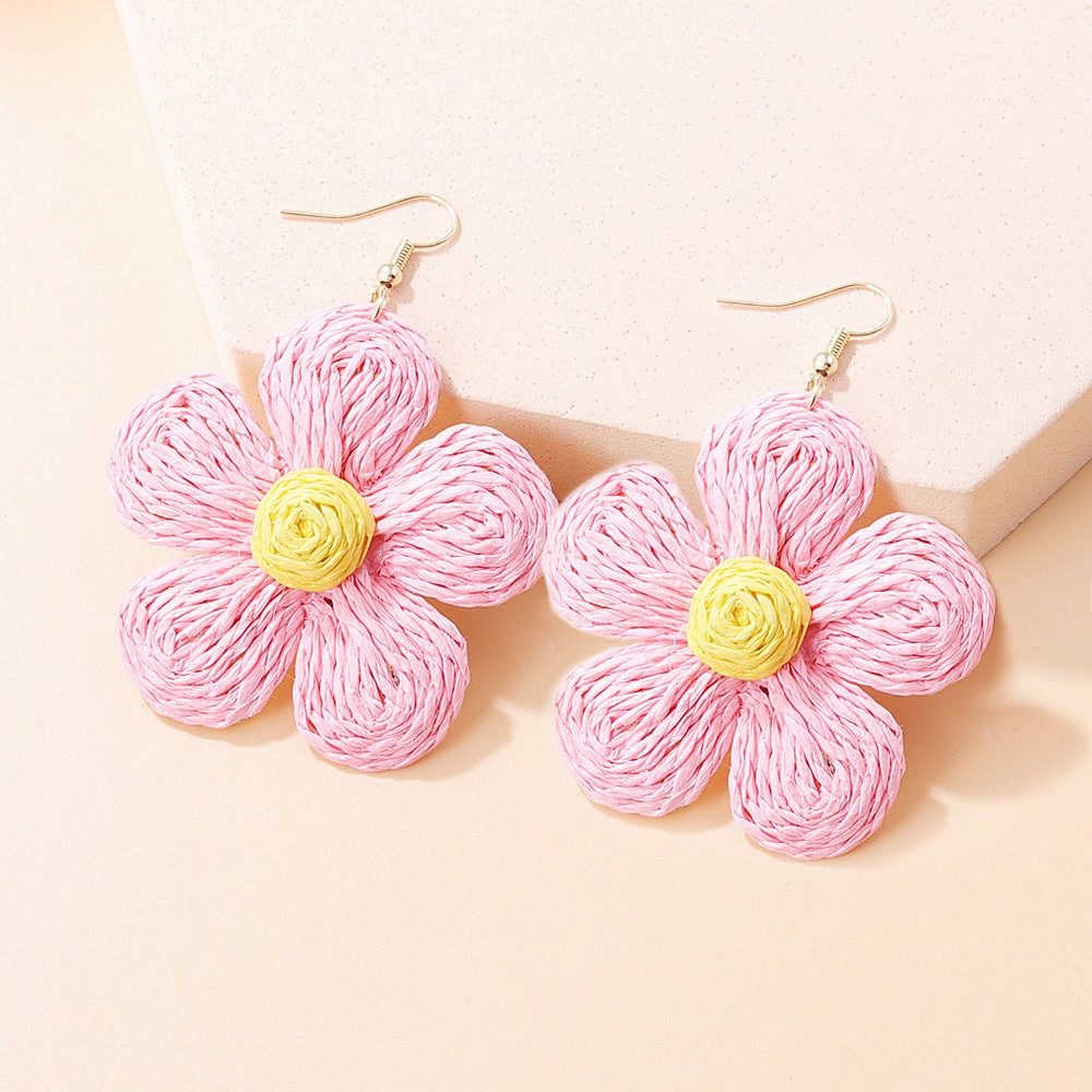 Wholesale Vacation Style Braided Flowers Straw Rope Earrings