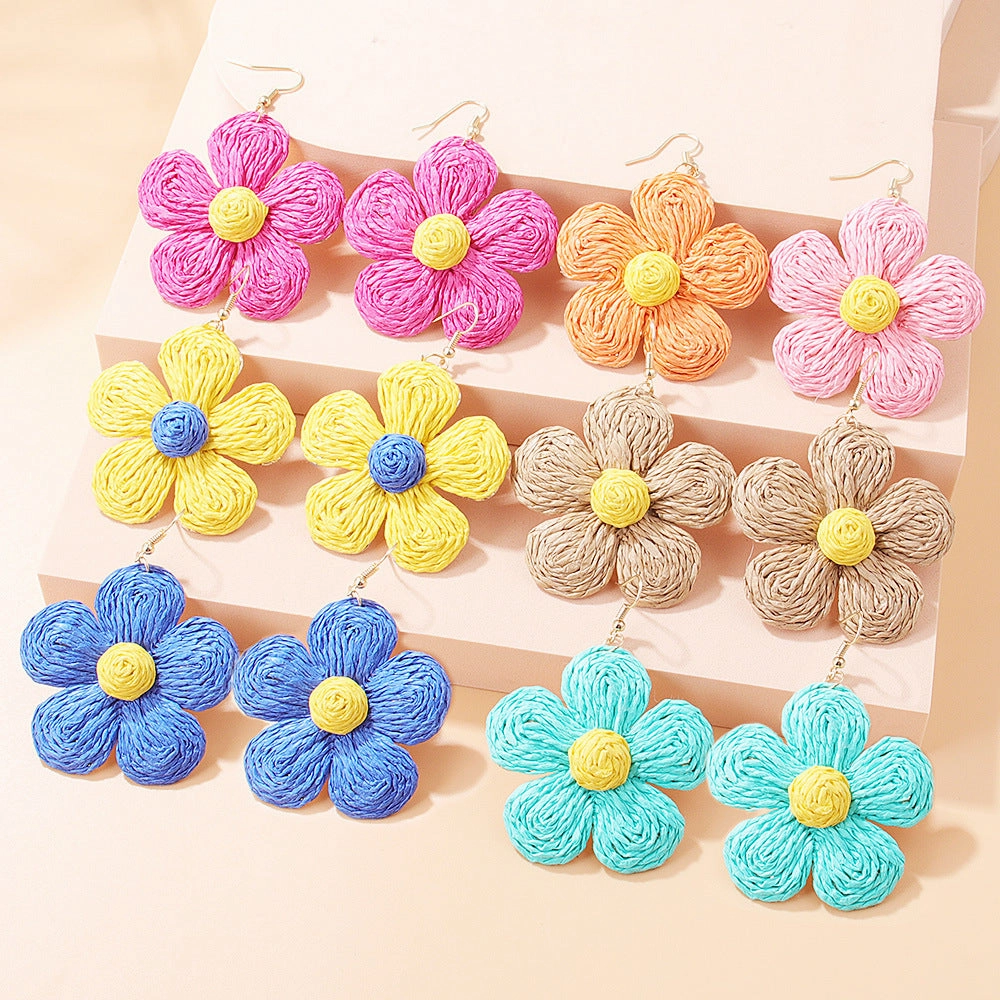 Wholesale Vacation Style Braided Flowers Straw Rope Earrings
