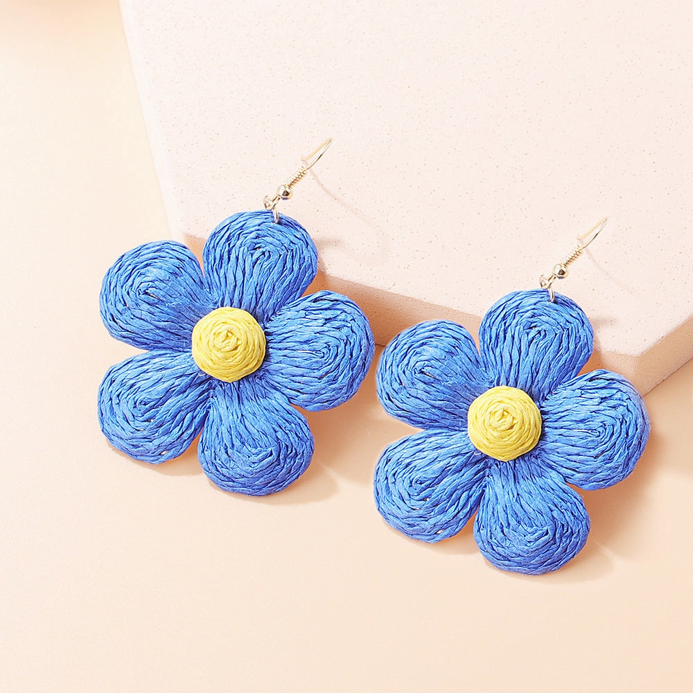 Wholesale Vacation Style Braided Flowers Straw Rope Earrings