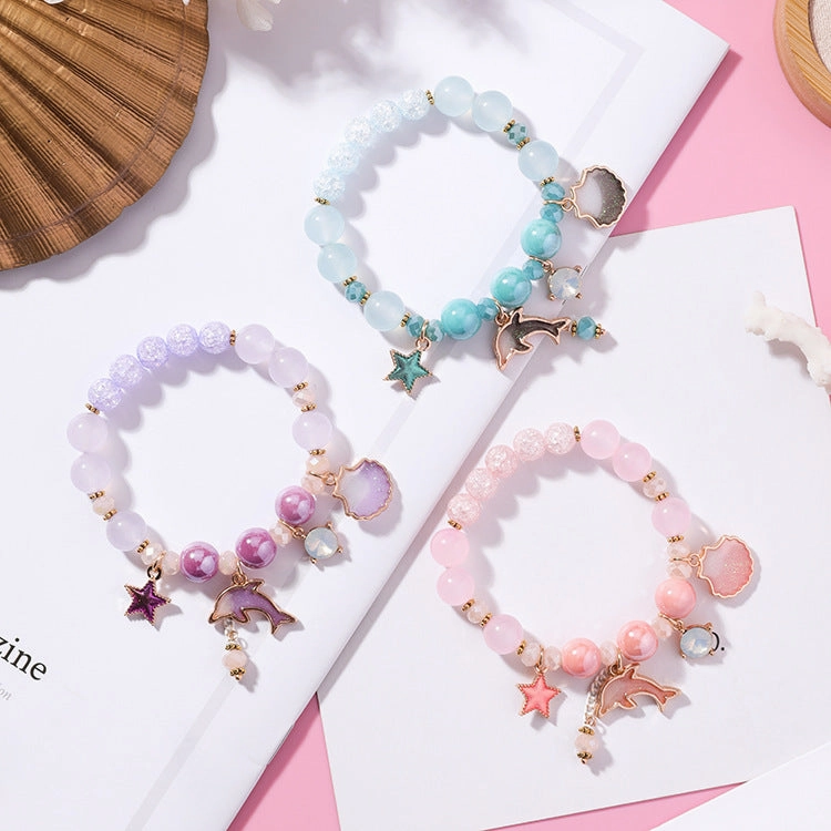 Wholesale Vacation Style Dolphin Shell Crystal Beaded Bracelet