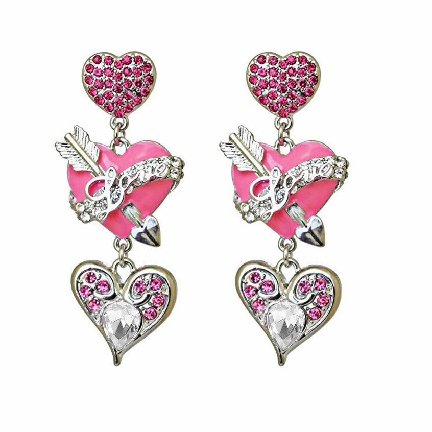 Wholesale Valentine's Day Alloy Oil Drop Diamond Pink Love Earrings