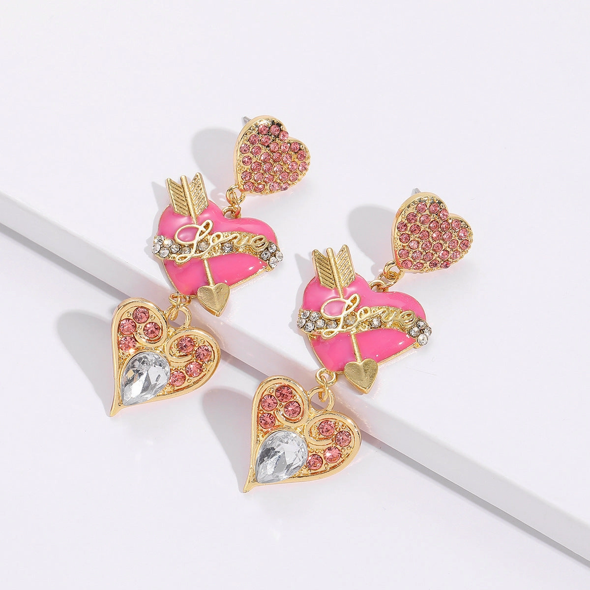 Wholesale Valentine's Day Alloy Oil Drop Diamond Pink Love Earrings