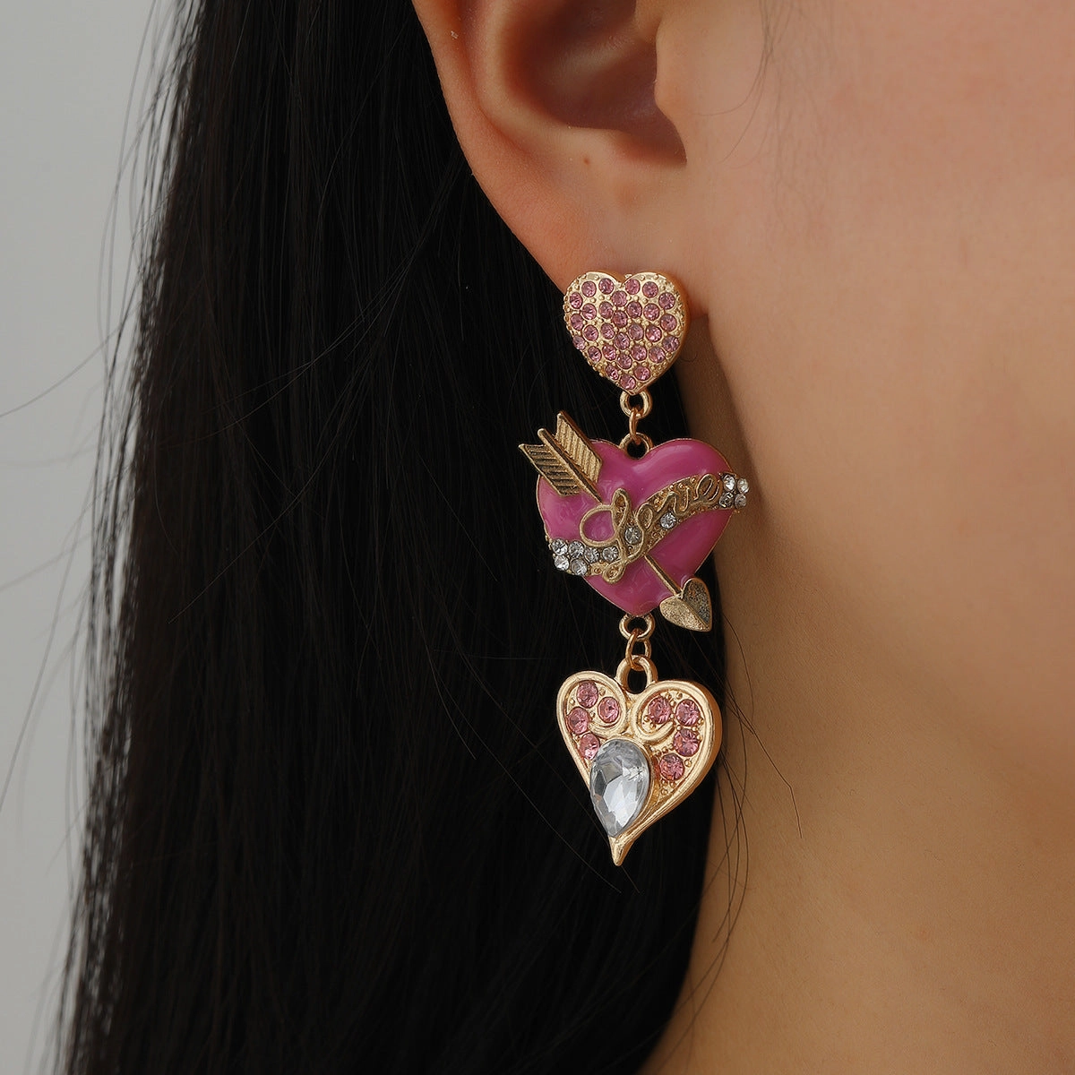 Wholesale Valentine's Day Alloy Oil Drop Diamond Pink Love Earrings