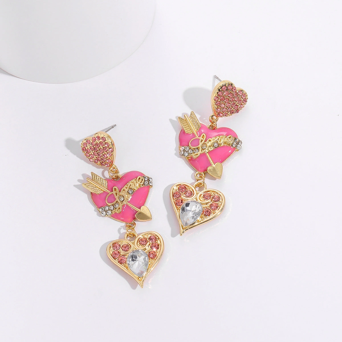 Wholesale Valentine's Day Alloy Oil Drop Diamond Pink Love Earrings