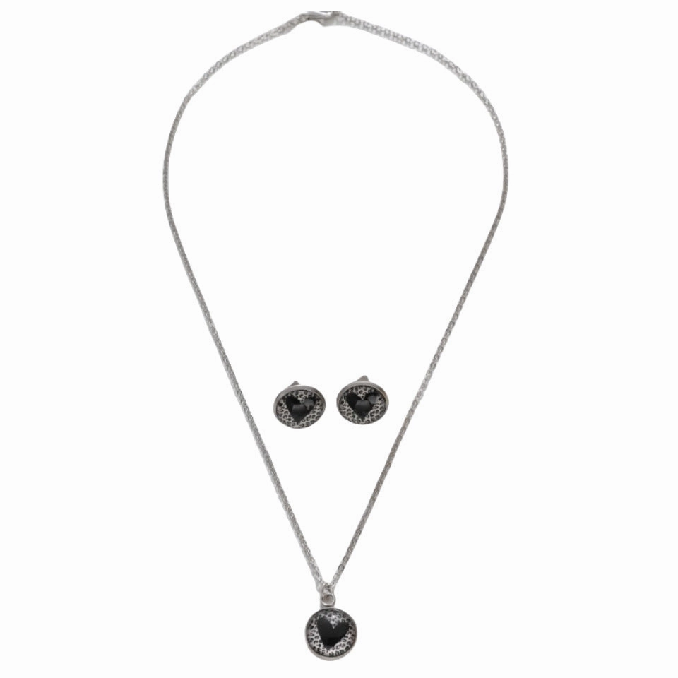 Wholesale Valentine's Day Alloy Round Leopard Pattern Heart Earrings Necklace Women's Set
