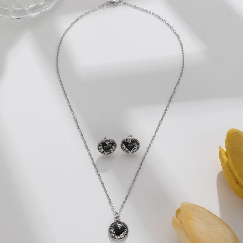 Wholesale Valentine's Day Alloy Round Leopard Pattern Heart Earrings Necklace Women's Set