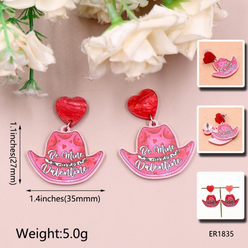 Wholesale Valentine's Day Autumn and Winter Cowboy Hat Love Heart Laser Cut Acrylic Earrings