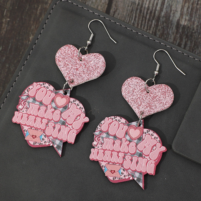 Wholesale Valentine's Day Cartoon Pink Glitter Heart Hanging Letter Leather Earrings