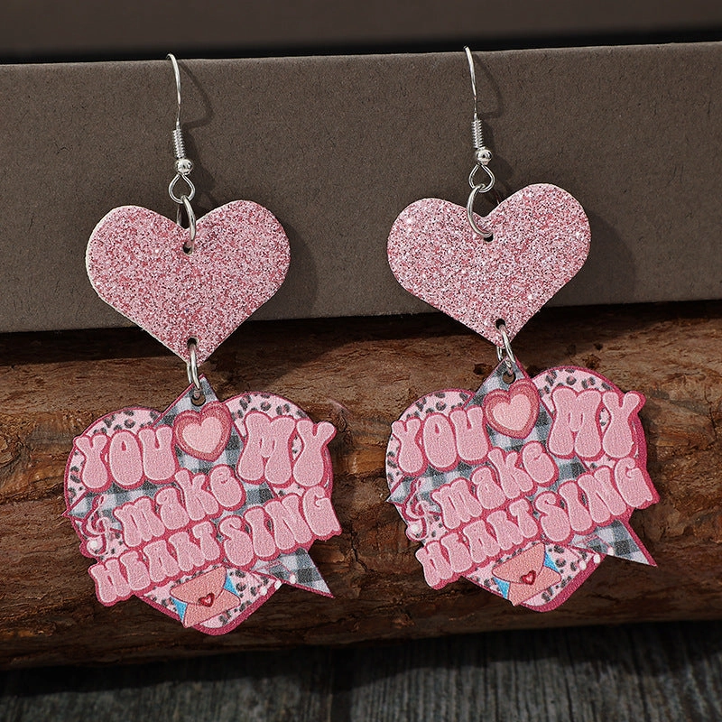 Wholesale Valentine's Day Cartoon Pink Glitter Heart Hanging Letter Leather Earrings