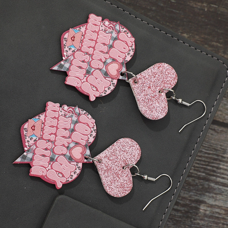 Wholesale Valentine's Day Cartoon Pink Glitter Heart Hanging Letter Leather Earrings