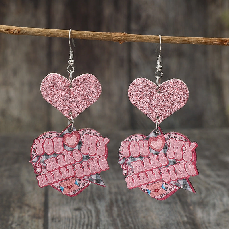 Wholesale Valentine's Day Cartoon Pink Glitter Heart Hanging Letter Leather Earrings