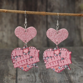 Wholesale Valentine's Day Cartoon Pink Glitter Heart Hanging Letter Leather Earrings