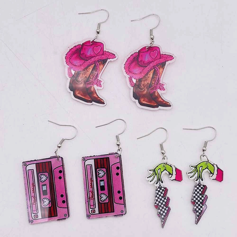Wholesale Valentine's Day Cassette Tapes, Pink Cowboy Hats, Boots, Acrylic Earrings
