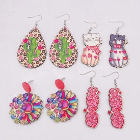 Wholesale Valentine's Day Cat Leopard Cactus Wooden Earrings