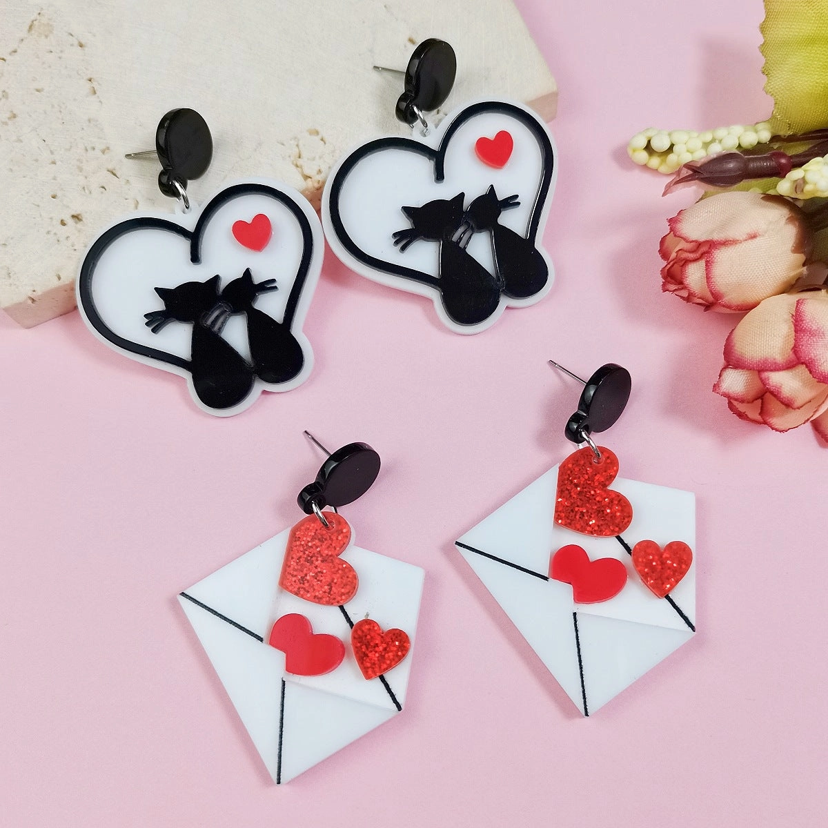 Wholesale Valentine's Day Cat Love Letter Acrylic Earrings