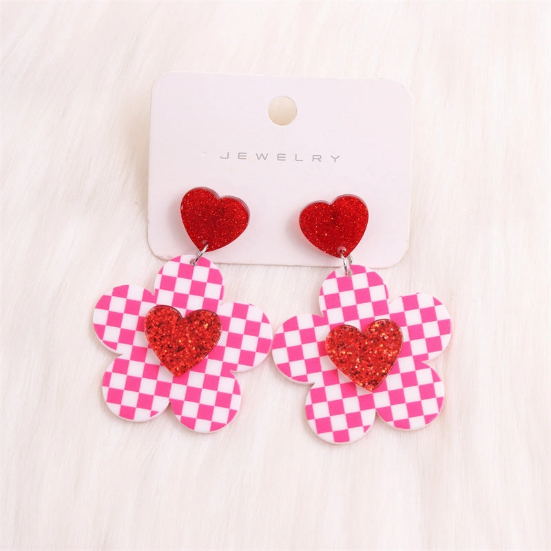Wholesale Valentine's Day Checkerboard Flower Love Rose Red Lip Acrylic Earrings