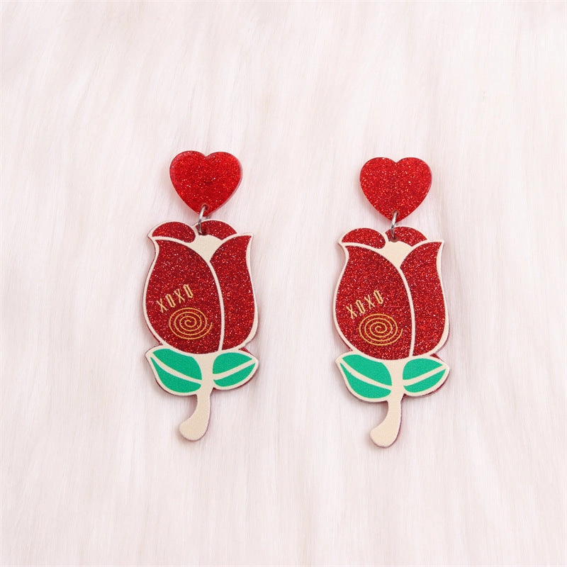 Wholesale Valentine's Day Checkerboard Flower Love Rose Red Lip Acrylic Earrings