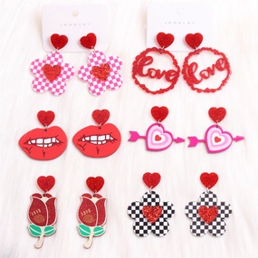 Wholesale Valentine's Day Checkerboard Flower Love Rose Red Lip Acrylic Earrings