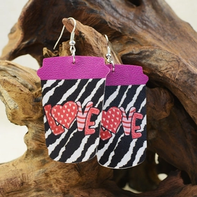 Wholesale Valentine's Day Coffee Cup Milk Tea Cup LOVE Flower Zebra Pattern Leather Earrings