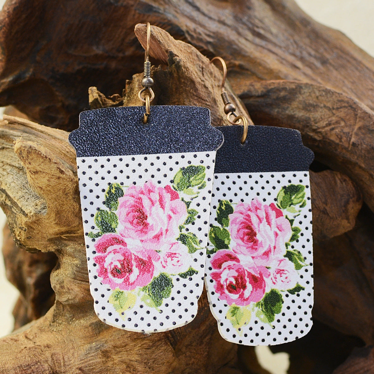 Wholesale Valentine's Day Coffee Cup Milk Tea Cup LOVE Flower Zebra Pattern Leather Earrings