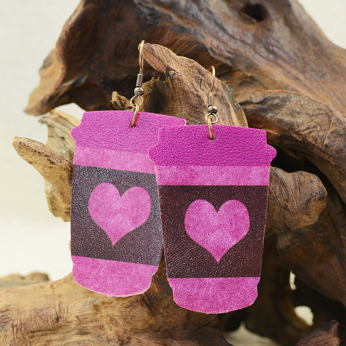 Wholesale Valentine's Day Coffee Cup Milk Tea Cup LOVE Flower Zebra Pattern Leather Earrings