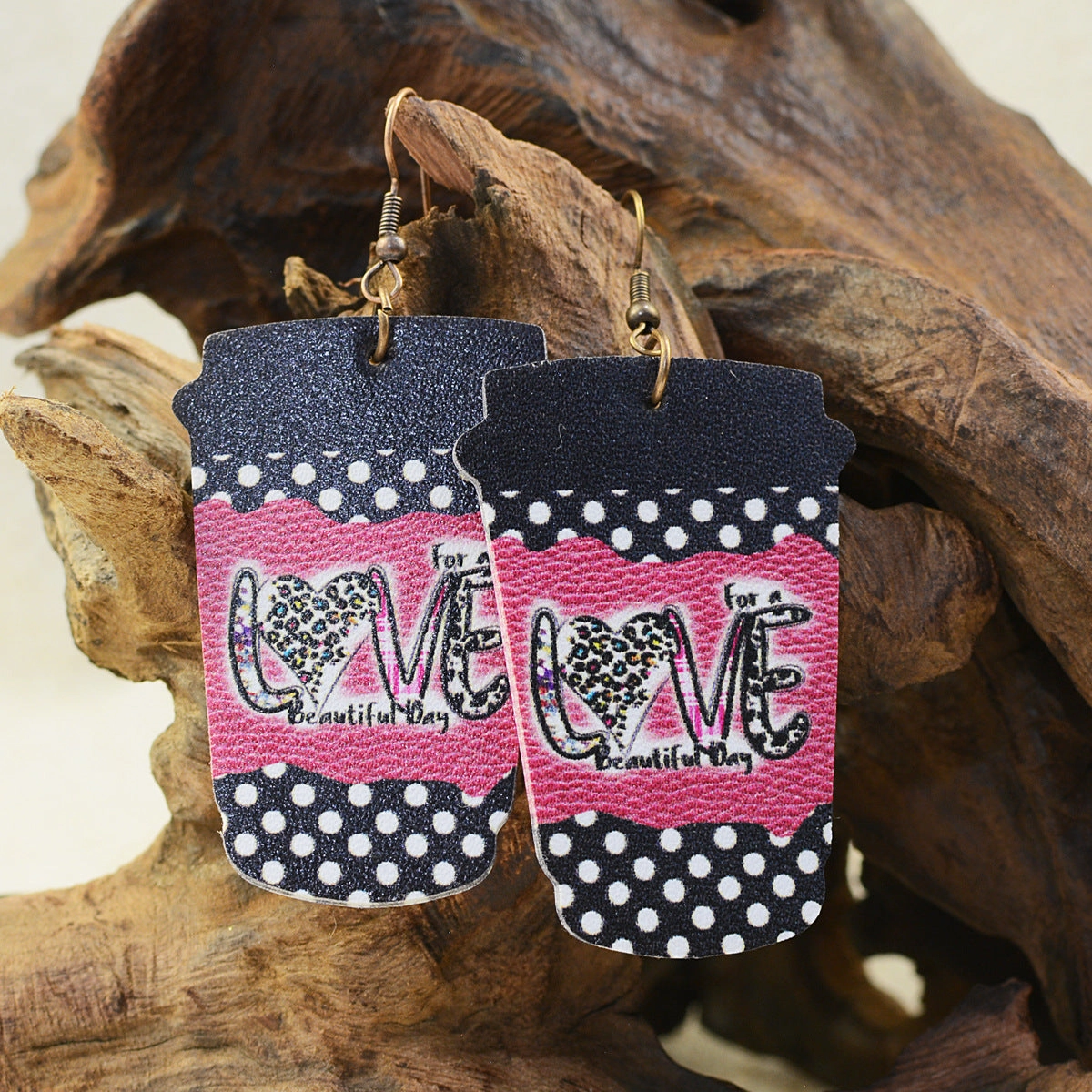 Wholesale Valentine's Day Coffee Cup Milk Tea Cup LOVE Flower Zebra Pattern Leather Earrings