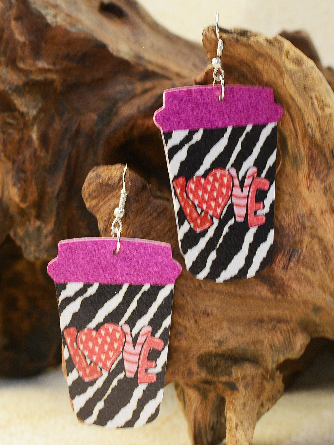 Wholesale Valentine's Day Coffee Cup Milk Tea Cup LOVE Flower Zebra Pattern Leather Earrings
