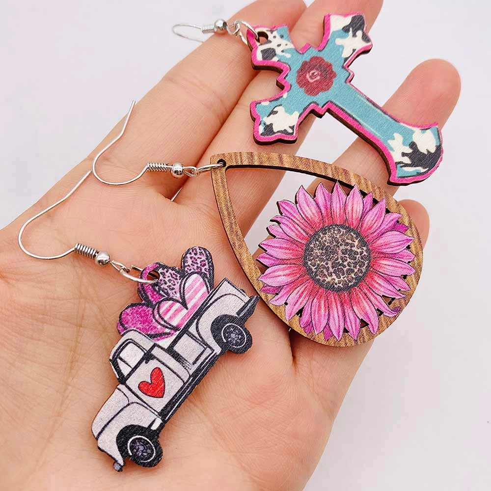 Wholesale Valentine's Day Cow Pink Love Truck Cross Wooden Earrings