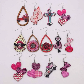 Wholesale Valentine's Day Cow Pink Love Truck Cross Wooden Earrings
