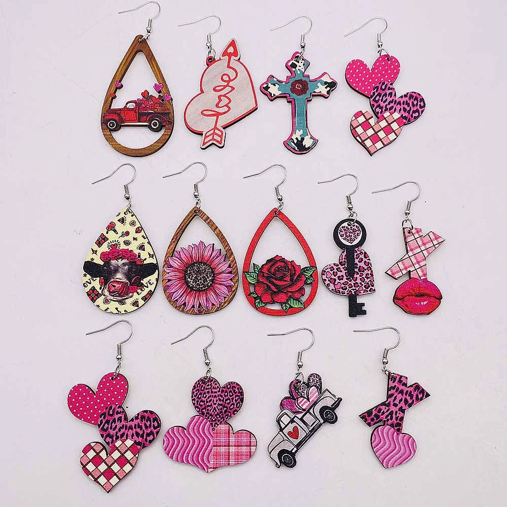 Wholesale Valentine's Day Cow Pink Love Truck Cross Wooden Earrings