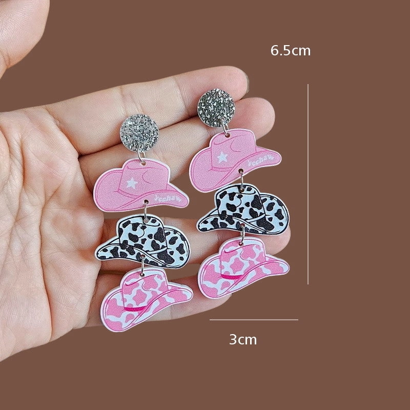Wholesale Valentine's Day Cowboy Pink Hat Boots Disco Ball Acrylic Earrings