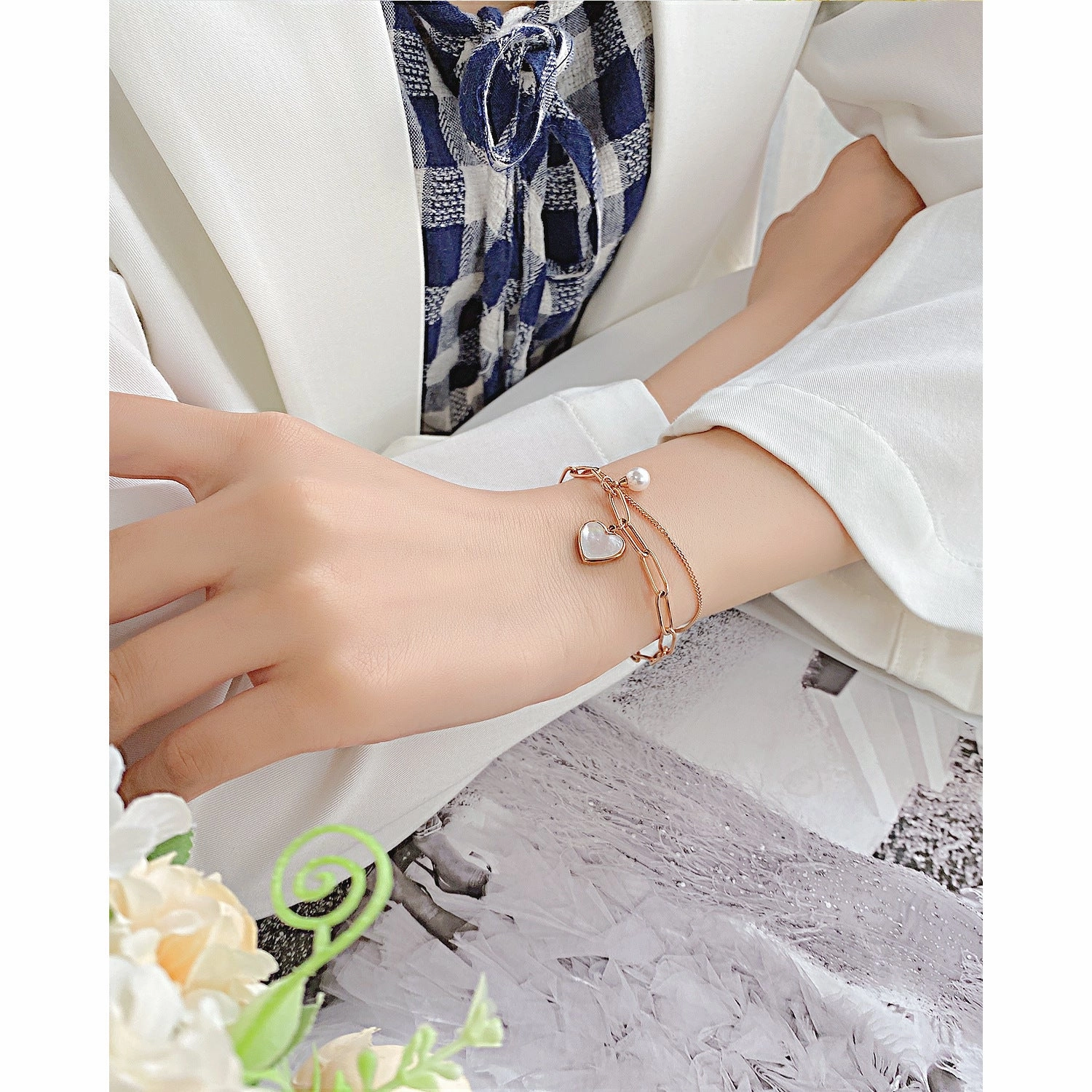 Wholesale Valentine's Day Double Layer Love Pearl Titanium Steel Bracelet