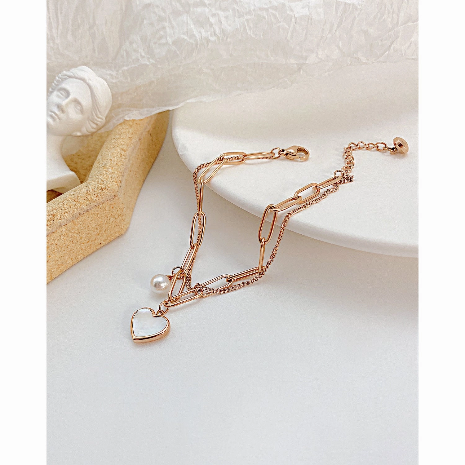 Wholesale Valentine's Day Double Layer Love Pearl Titanium Steel Bracelet