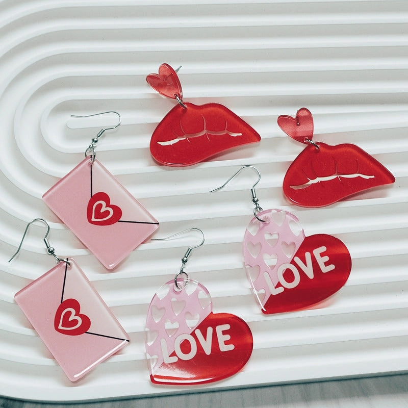 Wholesale Valentine's Day Double Sided Love Acrylic LOVE Red Lips Love Envelope Earrings