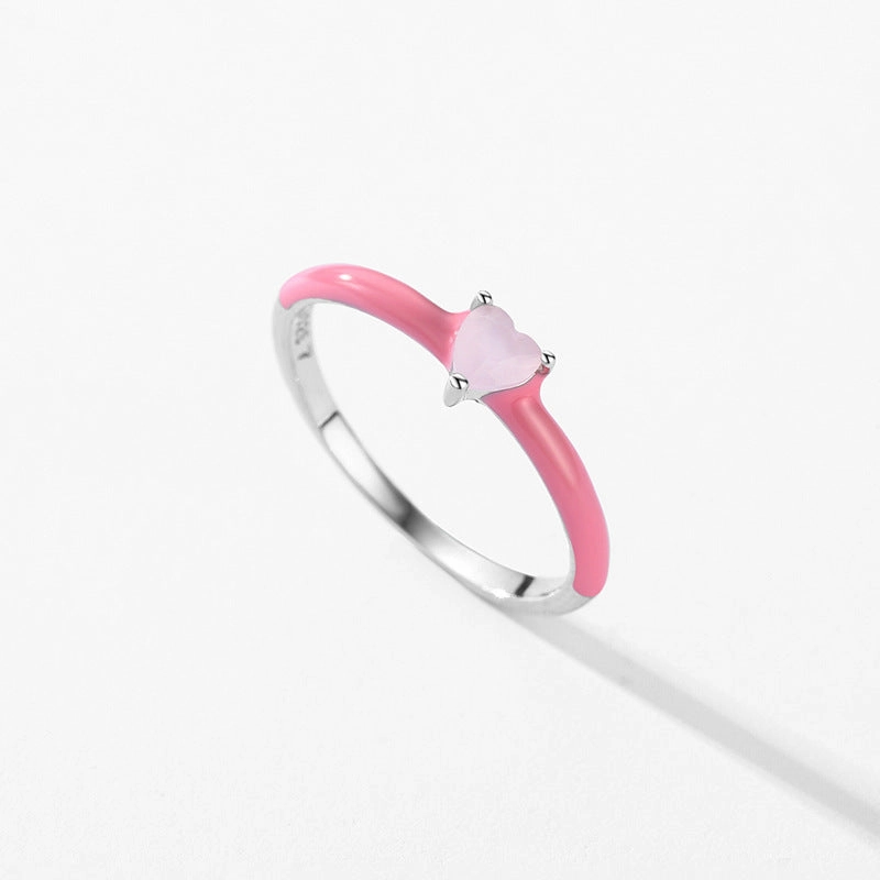 Wholesale Valentine's Day Dropper Enamel Silver Inlaid Heart-shaped Zircon Ring