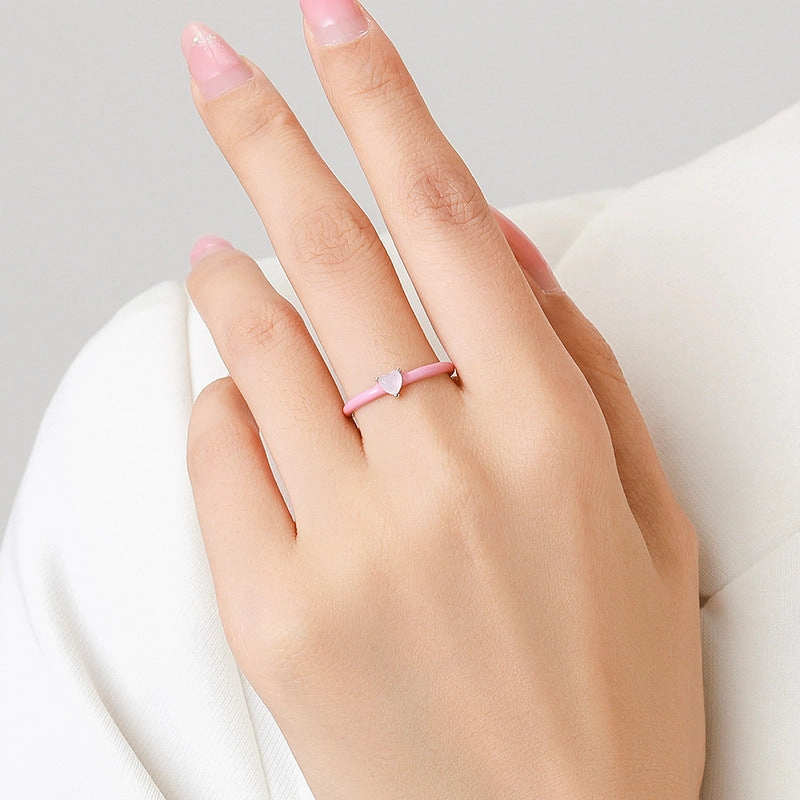 Wholesale Valentine's Day Dropper Enamel Silver Inlaid Heart-shaped Zircon Ring
