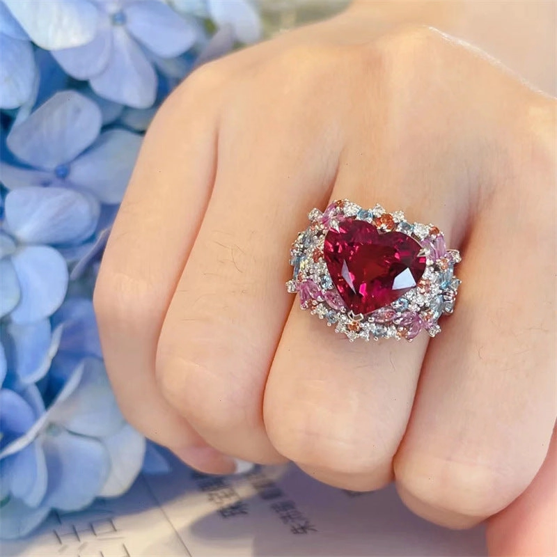 Wholesale Valentine's Day Full Diamond Heart Adjustable Copper Ring