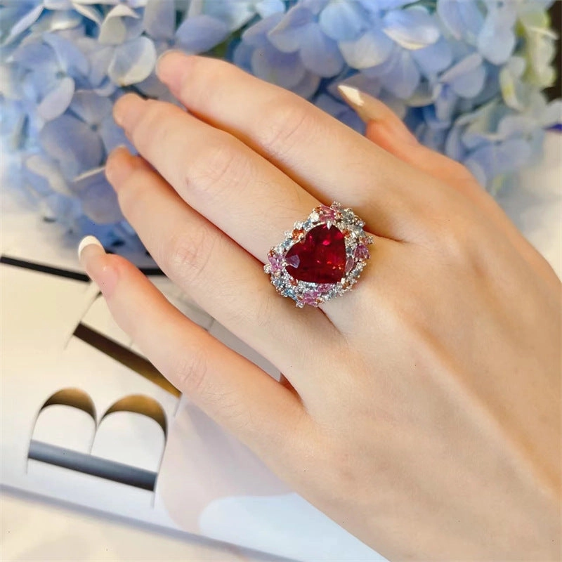 Wholesale Valentine's Day Full Diamond Heart Adjustable Copper Ring