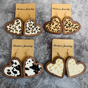 Wholesale Valentine's Day Genuine Leather Heart Leopard Print Horsehair Inlaid with Wooden Classic Retro Earrings