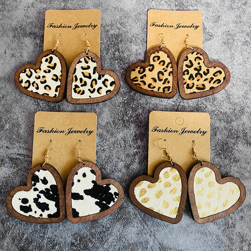 Wholesale Valentine's Day Genuine Leather Heart Leopard Print Horsehair Inlaid with Wooden Classic Retro Earrings