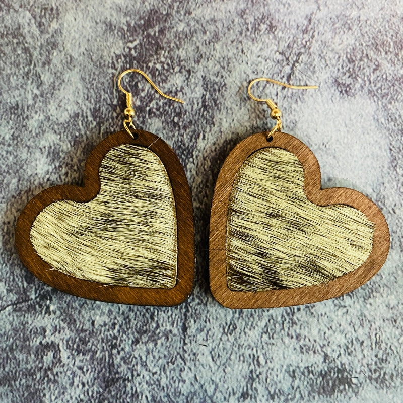 Wholesale Valentine's Day Genuine Leather Heart Leopard Print Horsehair Inlaid with Wooden Classic Retro Earrings